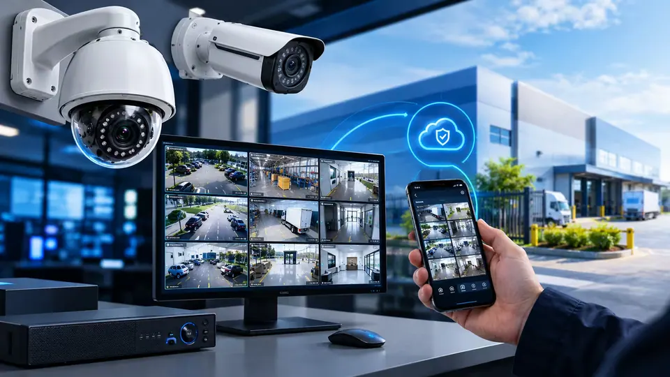 Sistema de videovigilancia de INGECOL: cámaras domo y tipo bala, monitor con la cuadrícula de cámaras y app móvil, con una bodega al fondo